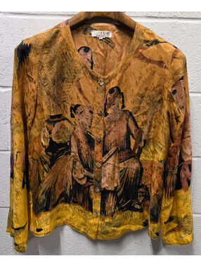 Citron Santa Monica blouse gold silk jacquard chinoiserie L Oriental 21.5x25